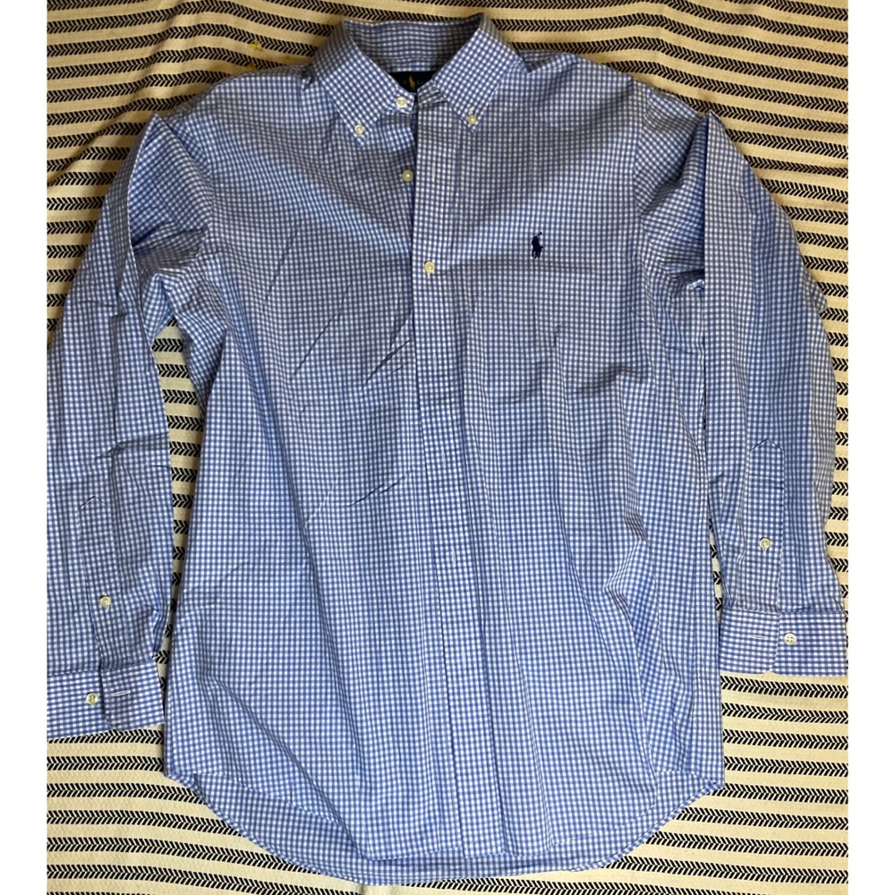 Ralph Lauren Classic Fit Mens Blue Gingham Button Down Shirt Polo Player Logo‎
